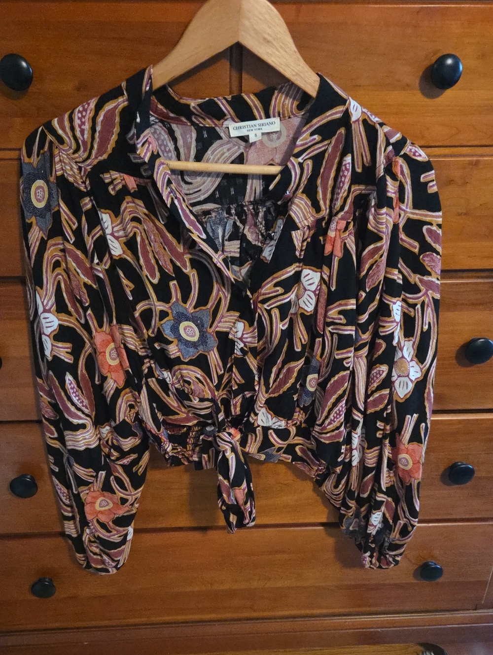 Christian Siriano Black Floral Tie-Front Blouse with Pink and Orange Details